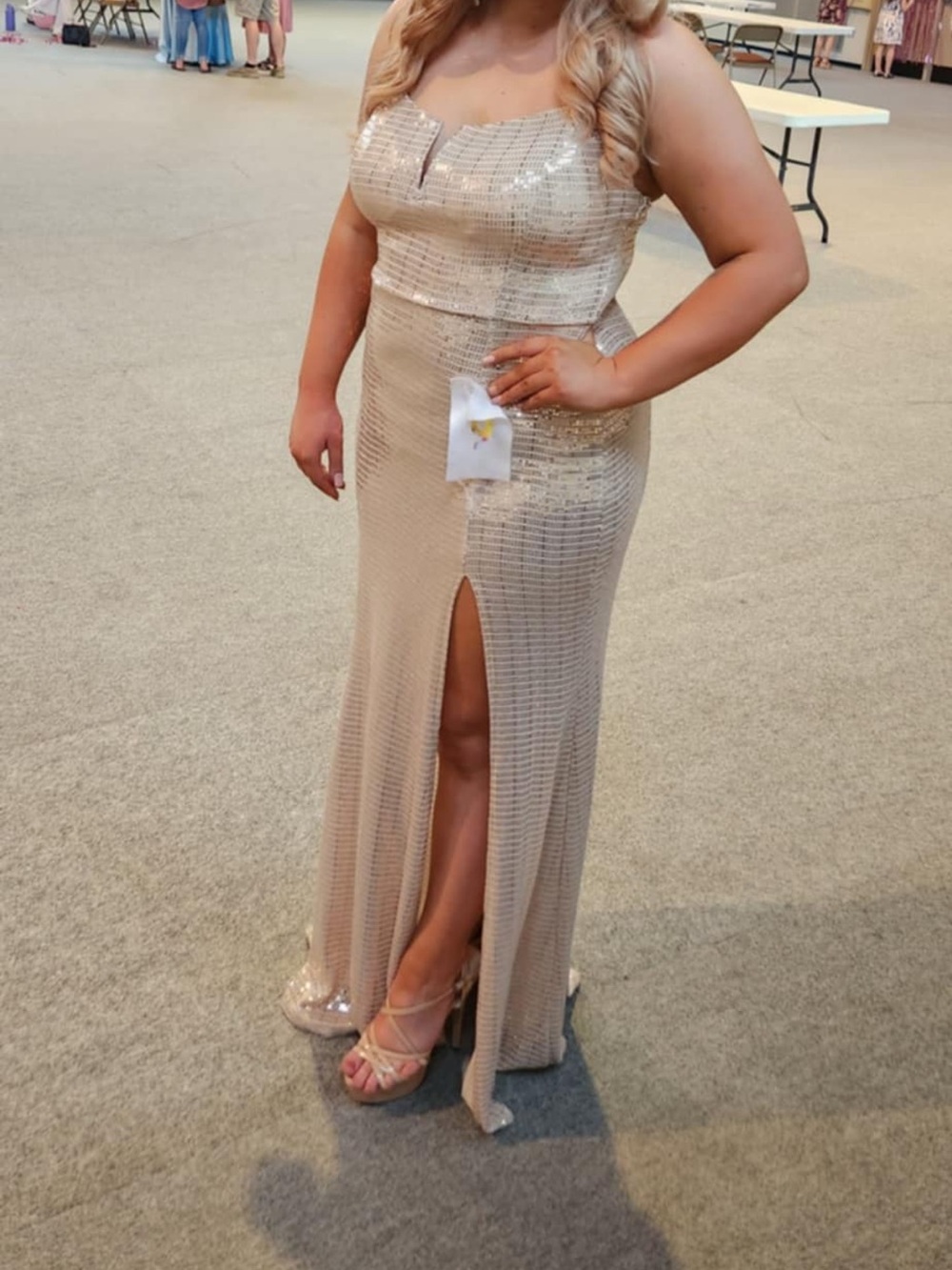 Speechless Champagne Sequin Strapless Prom Gown with Front Slit